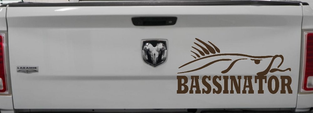 Bassinator Bass Fishing Car or Truck Window Decal Sticker (Brown)