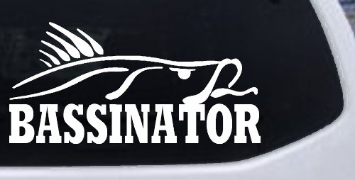 Bassinator Bass Fishing Car or Truck Window Decal Sticker (White)