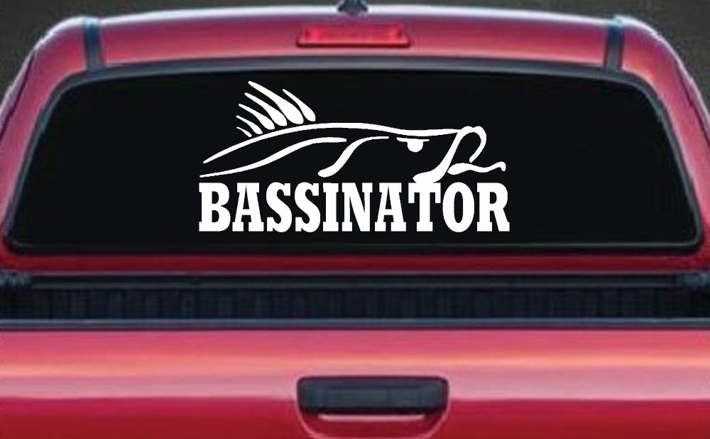 Bassinator Bass Fishing Car or Truck Window Vinyl Decal Sticker (White)