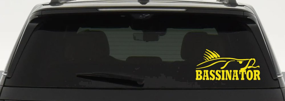 Bassinator Bass Fishing Car or Truck Window Decal Sticker (Yellow)