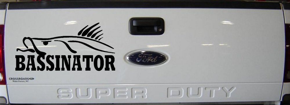 BASSINATOR left Bass Fishing Car or Truck Window Decal Sticker (Black)