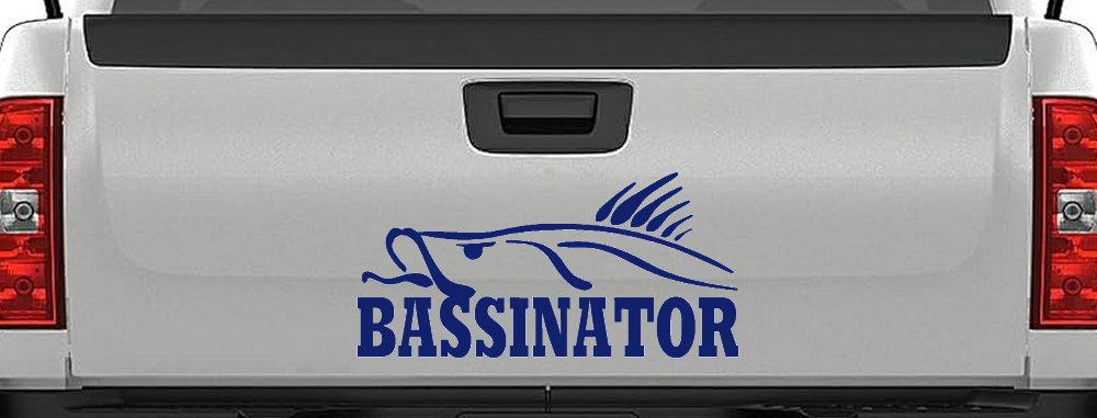 BASSINATOR left Bass Fishing Car or Truck Window Decal Sticker (Navy)