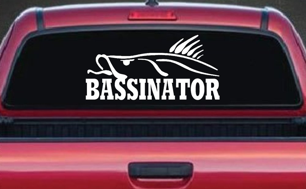 BASSINATOR left Bass Fishing Car or Truck Window Decal Sticker (White)