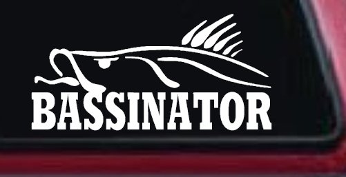 BASSINATOR left Bass Fishing Car or Truck Window Decal Sticker (White)