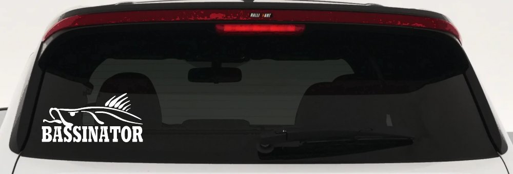 BASSINATOR left Bass Fishing Car or Truck Window Decal Sticker (White)