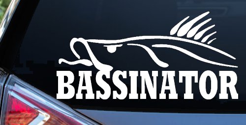 BASSINATOR left Bass Fishing Car or Truck Window Vinyl Decal Sticker (White)
