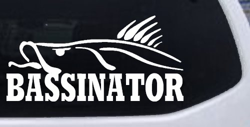 BASSINATOR left Bass Fishing Car or Truck Window Decal Sticker (White)