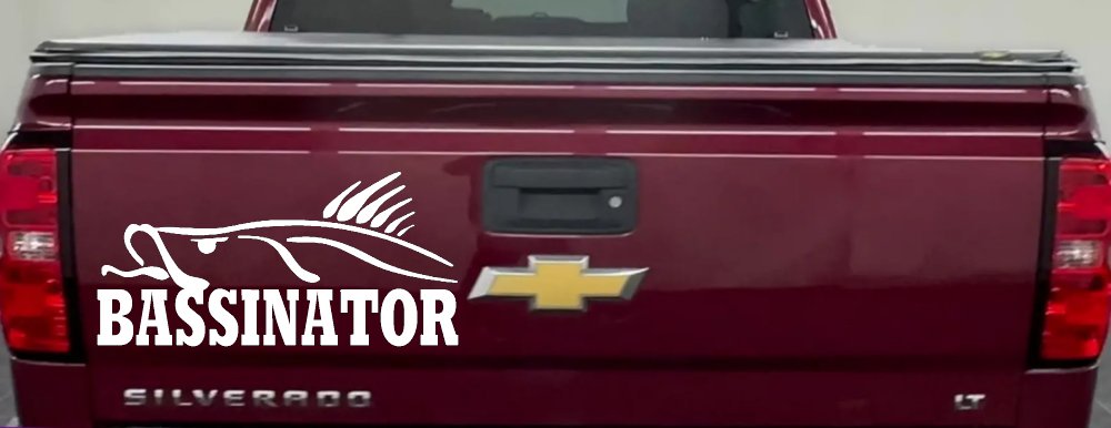 BASSINATOR left Bass Fishing Car or Truck Window Decal Sticker (White)