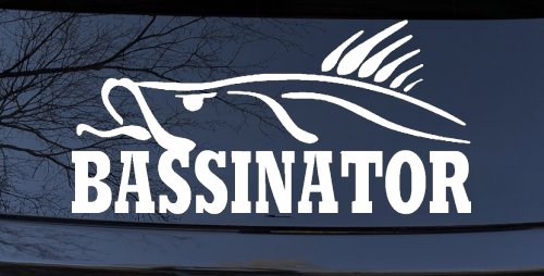 BASSINATOR left Bass Fishing Car or Truck Window Decal Sticker (White)