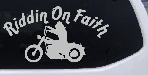Riddin on Faith Motorcycle Christian Biker Car or Truck Window Decal Sticker (Light Gray)