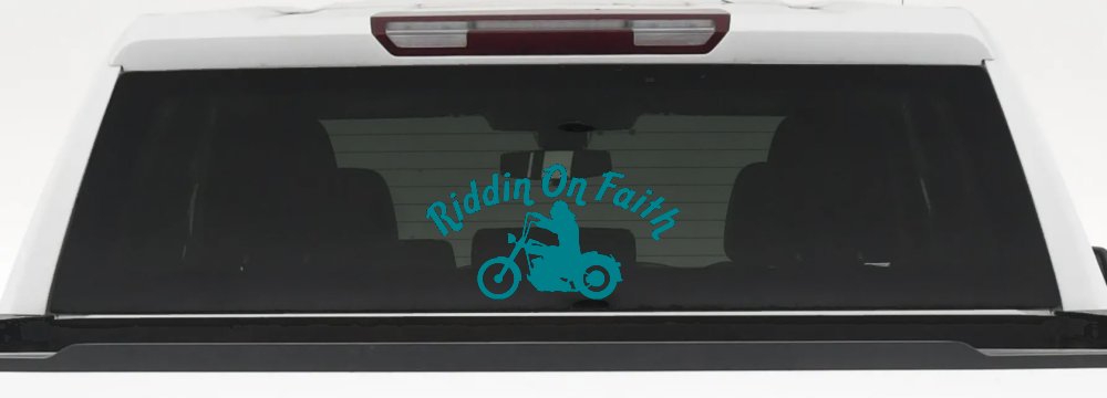 Riddin on Faith Motorcycle Christian Biker Car or Truck Window Decal Sticker (Turquoise Blue)