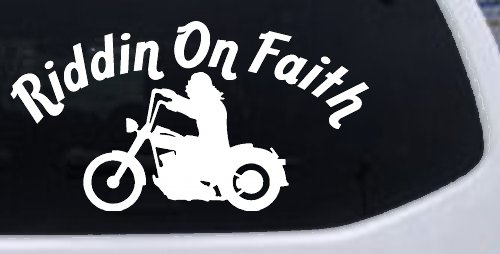 Riddin on Faith Motorcycle Christian Biker Car or Truck Window Decal Sticker (White)