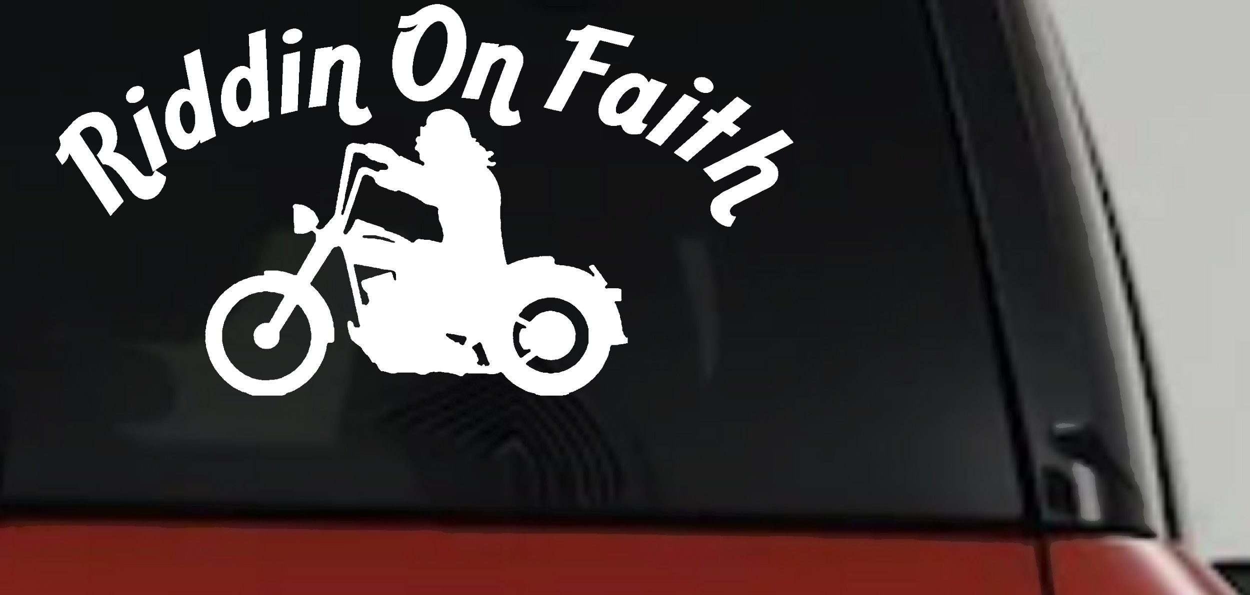 Riddin on Faith Motorcycle Christian Biker Car or Truck Window Vinyl Decal Sticker (White)