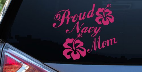 Proud Navy Mom Hibiscus Flowers Military Car or Truck Window Decal Sticker (Hot Pink)