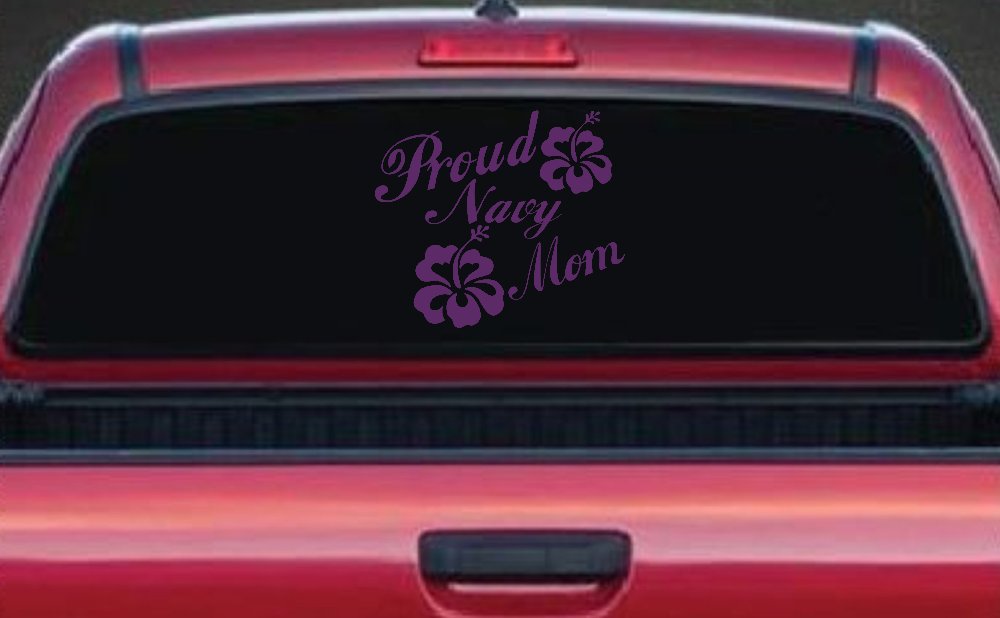 Proud Navy Mom Hibiscus Flowers Military Car or Truck Window Decal Sticker (Violet)