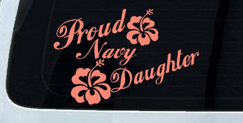Proud Navy Daughter Hibiscus Flowers Military Car or Truck Window Decal Sticker (Coral)