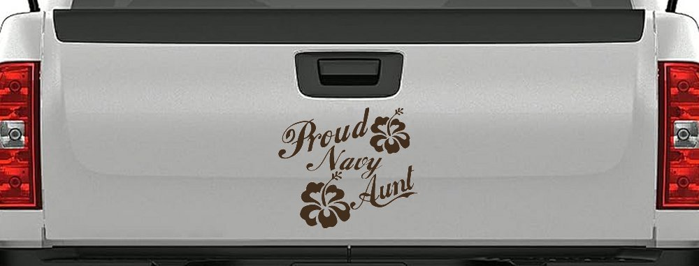 Proud Navy Aunt Hibiscus Flowers Military Car or Truck Window Decal Sticker (Brown)