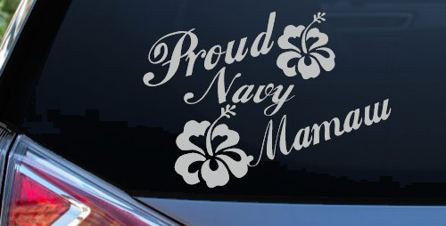 Proud Navy Mamaw Hibiscus Flowers Military Car or Truck Window Decal Sticker (Light Gray)