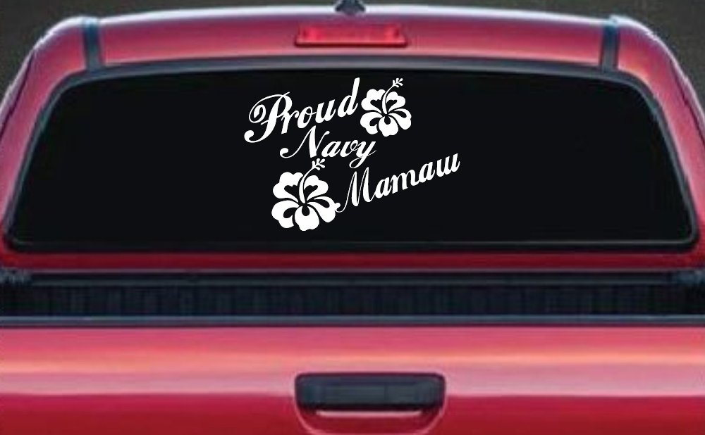 Proud Navy Mamaw Hibiscus Flowers Military Car or Truck Window Vinyl Decal Sticker (White)