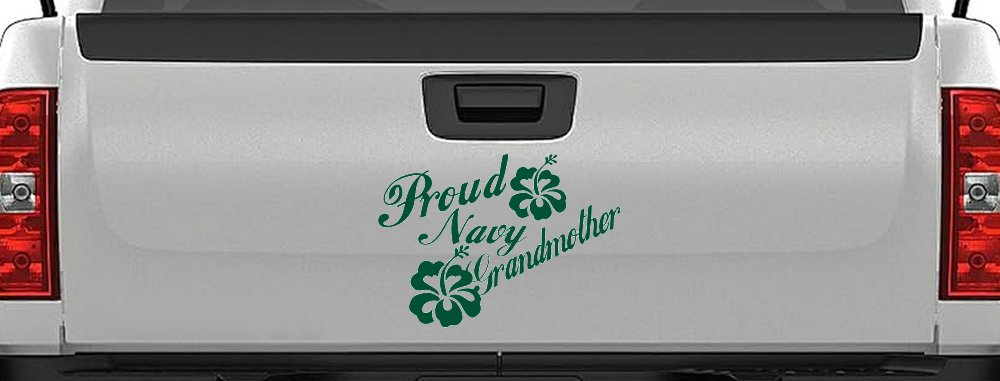 Proud Navy Grandmother Hibiscus Flowers Military Car or Truck Window Decal Sticker (Dark Green)