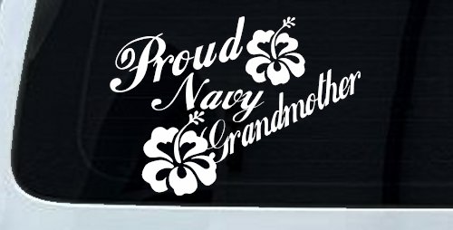 Proud Navy Grandmother Hibiscus Flowers Military Car or Truck Window Decal Sticker (White)
