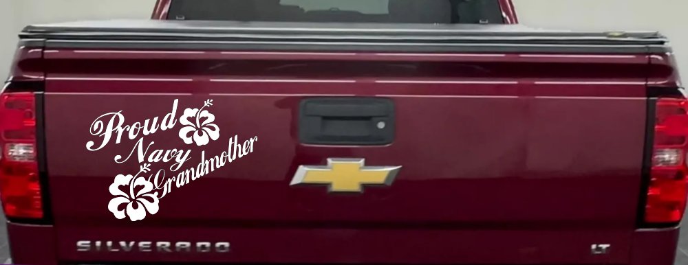 Proud Navy Grandmother Hibiscus Flowers Military Car or Truck Window Decal Sticker (White)