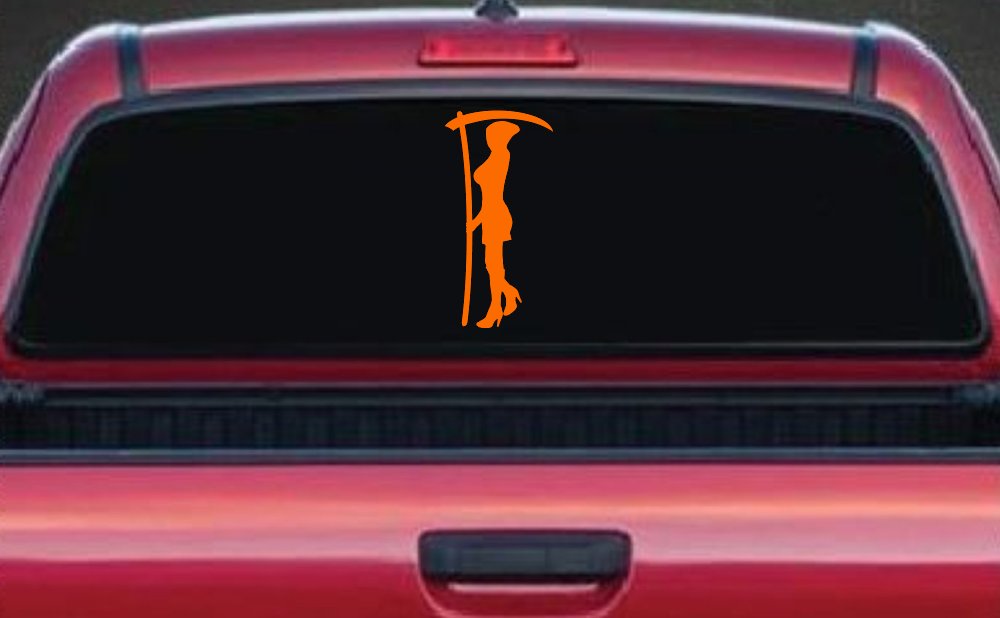 Woman Girl Grim Reaper Car or Truck Window Decal Sticker (Orange)