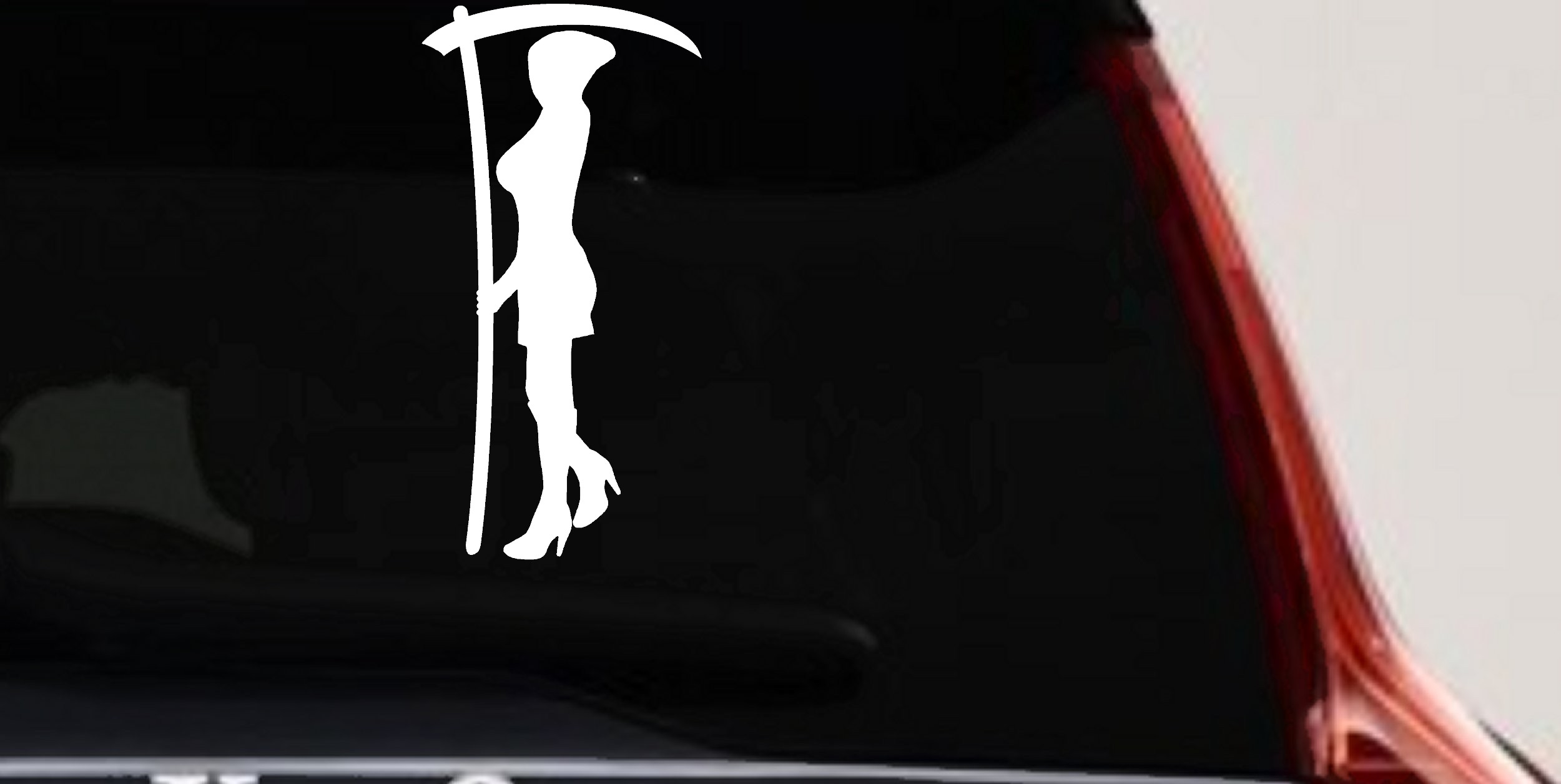 Woman Girl Grim Reaper Car or Truck Window Vinyl Decal Sticker (White)