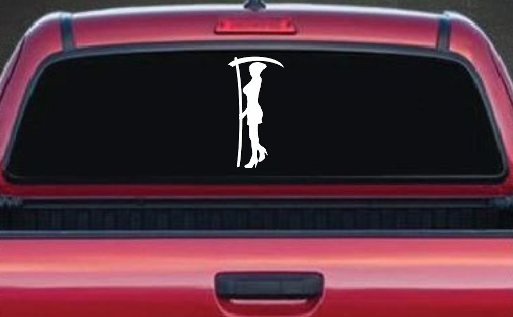 Woman Girl Grim Reaper Car or Truck Window Vinyl Decal Sticker (White)