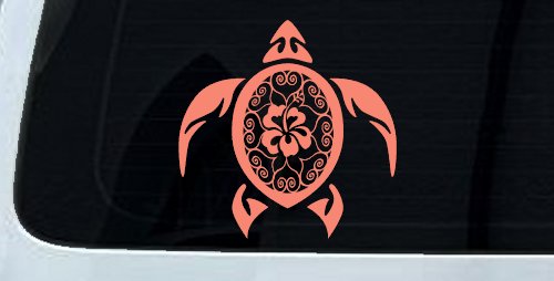 Sea Turtle Swirl Hearts Hibiscus Flower Animals Car or Truck Window Decal Sticker (Coral)