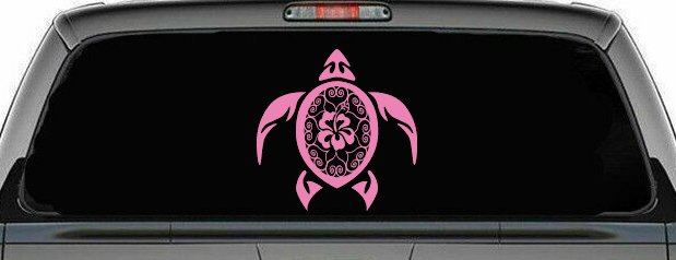Sea Turtle Swirl Hearts Hibiscus Flower Animals Car or Truck Window Vinyl Decal Sticker (Pink)