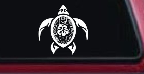 Sea Turtle Swirl Hearts Hibiscus Flower Animals Car or Truck Window Vinyl Decal Sticker (White)
