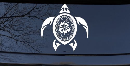 Sea Turtle Swirl Hearts Hibiscus Flower Animals Car or Truck Window Decal Sticker (White)