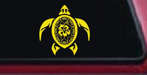 Sea Turtle Swirl Hearts Hibiscus Flower Animals Car or Truck Window Decal Sticker (Yellow)
