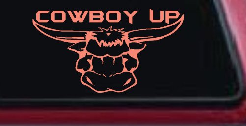 Cowboy Up Bull Head Western Car or Truck Window Decal Sticker (Coral)