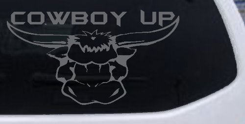 Cowboy Up Bull Head Western Car or Truck Window Decal Sticker (Silver)