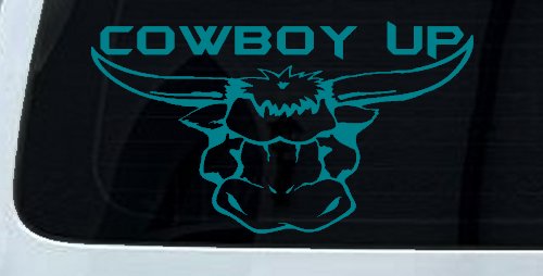 Cowboy Up Bull Head Western Car or Truck Window Vinyl Decal Sticker (Turquoise Blue)