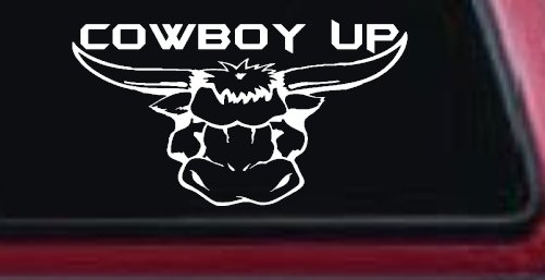 Cowboy Up Bull Head Western Car or Truck Window Decal Sticker (White)