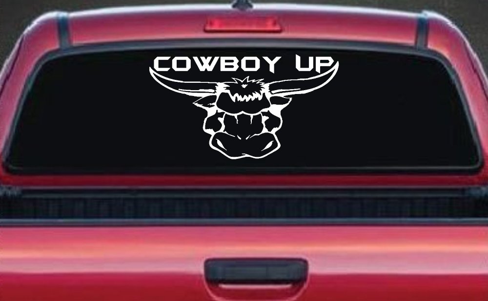Cowboy Up Bull Head Western Car or Truck Window Vinyl Decal Sticker (White)