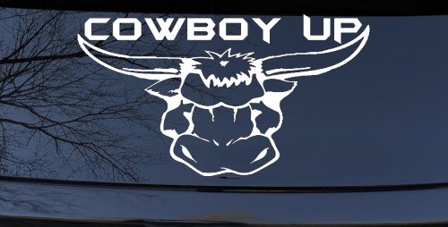 Cowboy Up Bull Head Western Car or Truck Window Vinyl Decal Sticker (White)