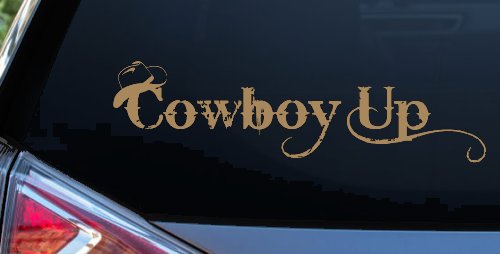 Cowboy Up With Hat Western Rodeo Farm Ranch Car or Truck Window Decal Sticker (Light Brown)