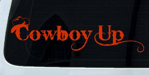 Cowboy Up With Hat Western Rodeo Farm Ranch Car or Truck Window Vinyl Decal Sticker (Orange Red)