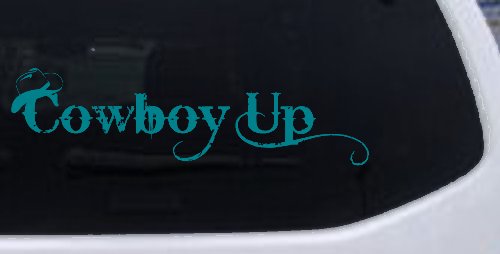 Cowboy Up With Hat Western Rodeo Farm Ranch Car or Truck Window Decal Sticker (Turquoise Blue)