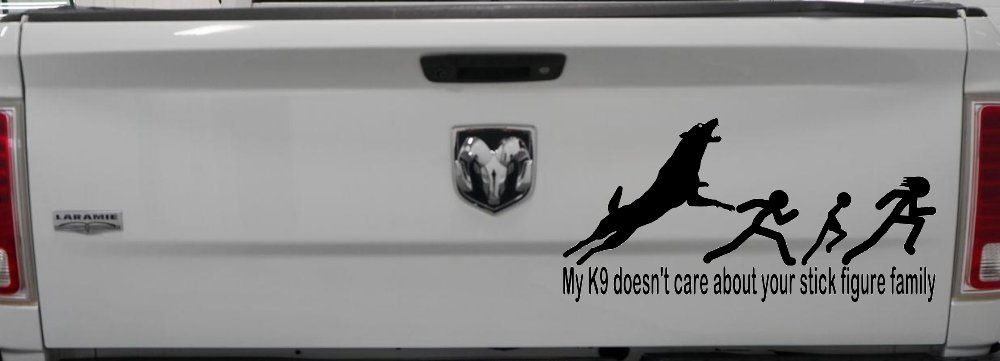 My K9 Dog Doesn't Care About Your Stick Figure Family Funny Car or Truck Window Decal Sticker (Black)