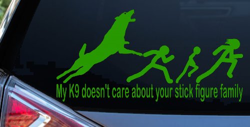 My K9 Dog Doesn't Care About Your Stick Figure Family Funny Car or Truck Window Decal Sticker (Lime)