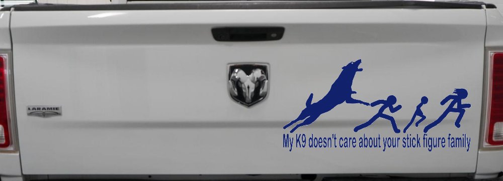 My K9 Dog Doesn't Care About Your Stick Figure Family Funny Car or Truck Window Decal Sticker (Navy)