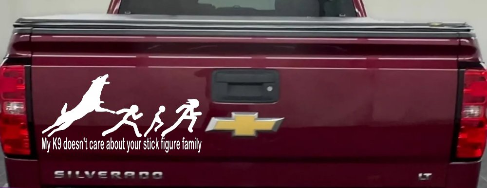 My K9 Dog Doesn't Care About Your Stick Figure Family Funny Car or Truck Window Decal Sticker (White)