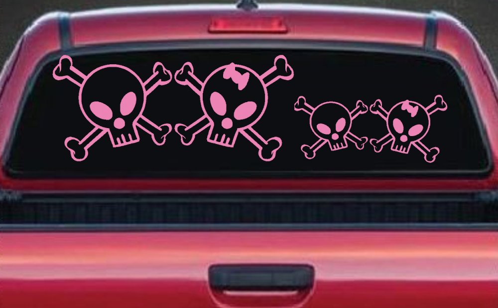 Cute Skull with Son Daughter Stick Family Car or Truck Window Decal Sticker (Pink)
