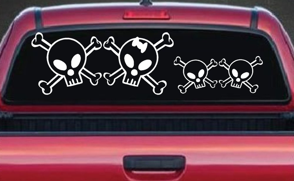 Cute Skull with two Sons Stick Family Car or Truck Window Decal Sticker (White)