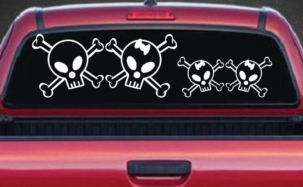 Cute Skull with two Daughters Stick Family Car or Truck Window Decal Sticker (White)